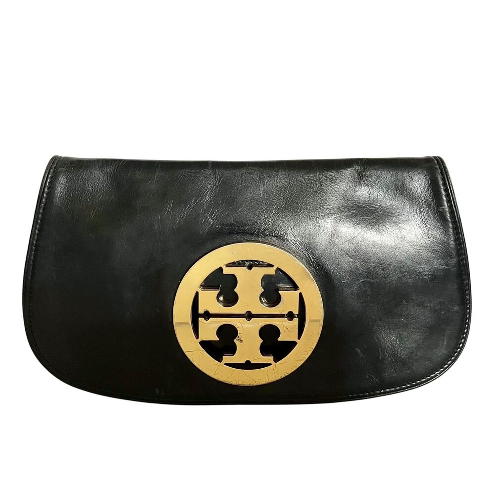Tory Burch Black Leather Logo Clutch Handbag Evening Bag